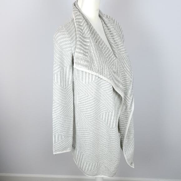Vintage Bass Herringbone Long Cardigan Size M Gray Open Shawl Collar Heavyweight - Picture 2 of 11